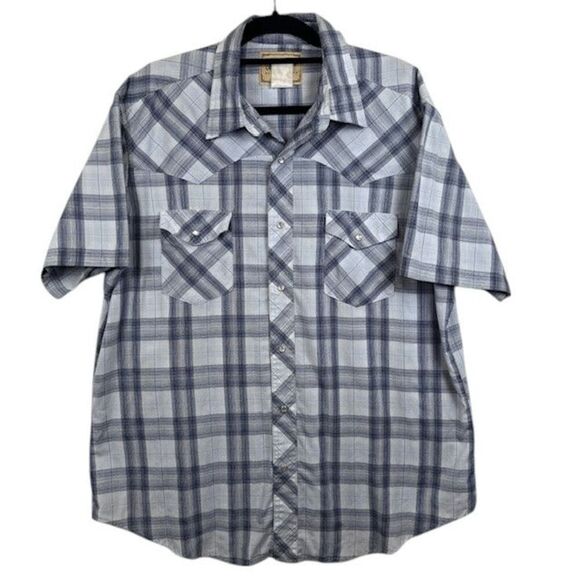 Wrangler Vintage Pearl Snap Short Sleeve Blue Plaid Shirt Front Pockets Size 2XL - Picture 1 of 8